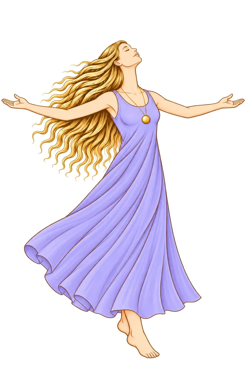 A woman in a lavender dress, arms open, hair and dress flowing in the breeze